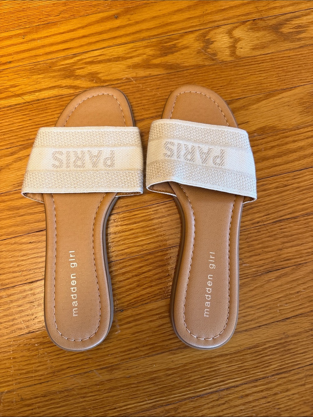 Madden Girl Ivory and Tan Slide Sandals